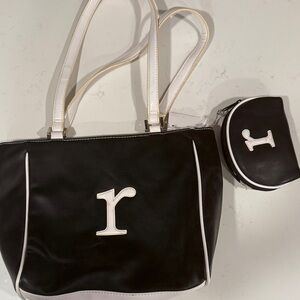 Strada Black and White Tote Bag with Matching Pouch initial R